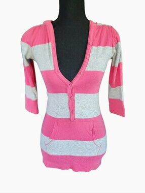 2010s Aeropostale Elena Long Henley Hooded Pink Stripe Button Neck Shirt Sz M
